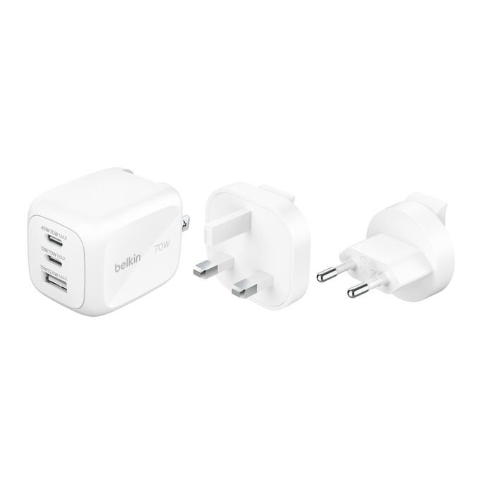 Cargador de Pared Belkin GaN 70W USB-C/A con Adaptadores para Viaje