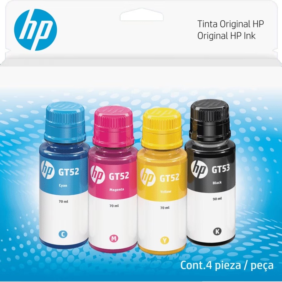 Paquete de 4x Botellas de Tinta HP GT53/GT52 Negro, Cian, Magenta y Amarillo