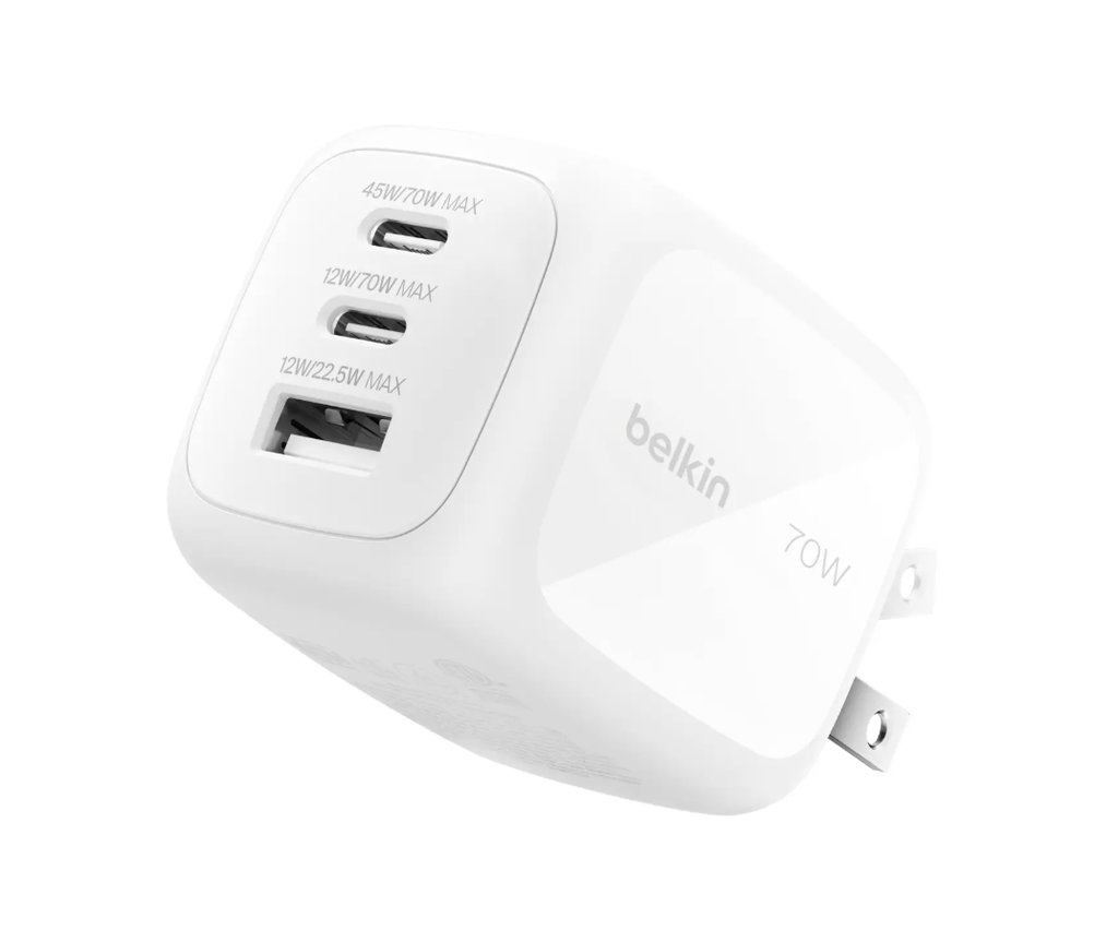 Cargador de Pared Belkin BoostCharge Pro GaN 70W 3 Puertos USB-C PD 3.1 PPS Blanco