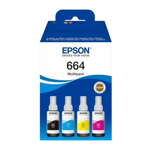 [T664520-4P] Pack de 4 Botellas de Tinta Epson T664 EcoTank, Negro/Cian/Magenta/Amarillo