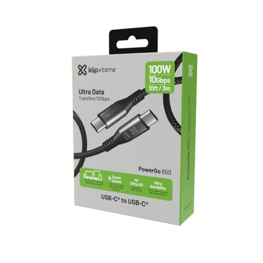 [KAC-650-10FT] Cable Klip Xtreme PowerGo 650 USB-C 3.1 Gen 2 100W 4K